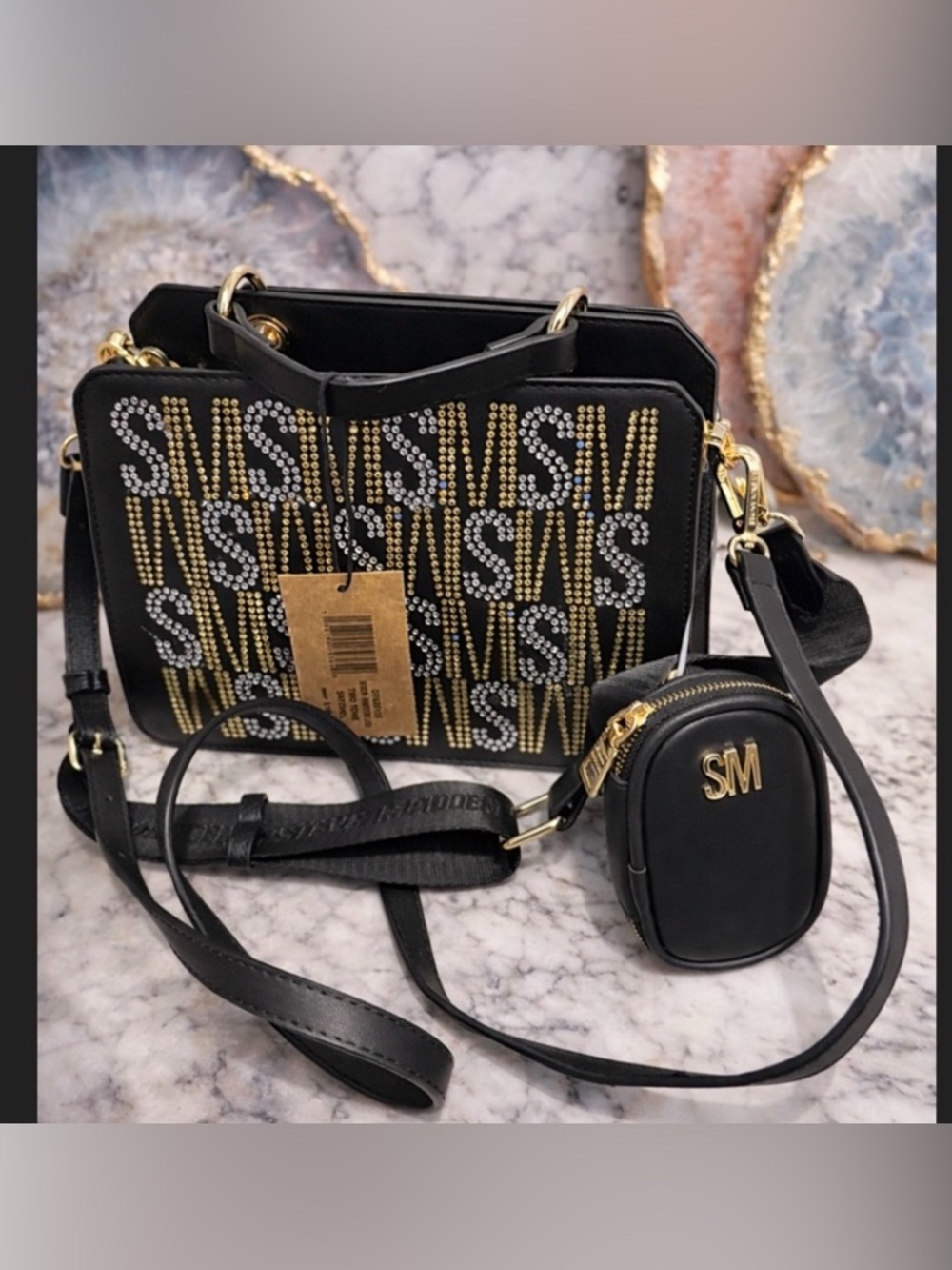 Steve Madden Black Crossbody Bag with Gold & Silver Stud Accents